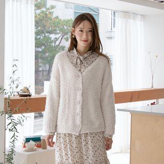 V-neck Textured Furry Cardigan Ivory - One Size