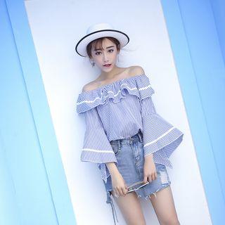 Pinstriped Off Shoulder 3/4 Sleeve Blouse