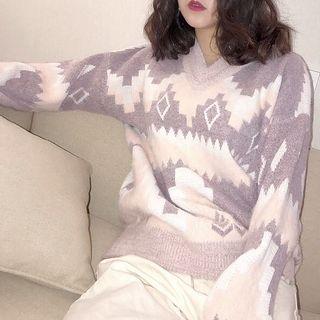Geometric V-neck Knit Sweater