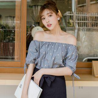 Elbow-sleeve Off-shoulder Floral Embroidered Blouse