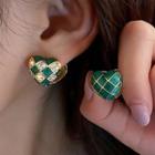 Heart Rhinestone Checker Glaze Earring 1 Pair - Gold & Green - One Size