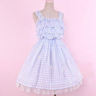 Set: Lace Trim Plaid Pinafore Dress + Bow Accent Straw Hat