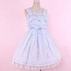 Set: Lace Trim Plaid Pinafore Dress + Bow Accent Straw Hat