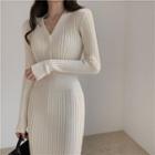 Long-sleeve V-neck Henley Knit Midi Sheath Dress