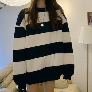 Long-sleeve Stripe Loose Fit Sweatshirt Navy Blue - One Size