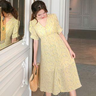 Elbow-sleeve V-neck Floral Dress Yellow - One Size