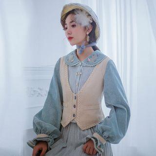 Mock Two-piece Long-sleeve Floral Embroidered Blouse / Pleated Midi A-line Skirt