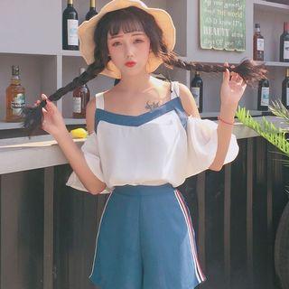 Set: Open Shoulder Short-sleeve Chiffon Top + Shorts
