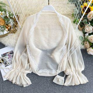 Lace Trim Bell-sleeve Open-front Jacket Almond - One Size