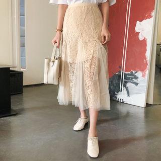 Tulle-panel Laced Maxi Skirt Beige - One Size