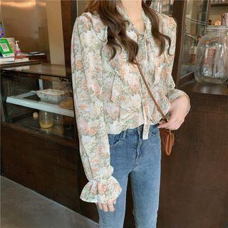 Long-sleeve Floral Print Tie-neck Blouse Pale Pink Floral - Almond - One Size