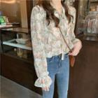 Long-sleeve Floral Print Tie-neck Blouse Pale Pink Floral - Almond - One Size