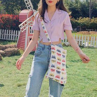 Plain Slit Short-sleeve Cropped Shirt