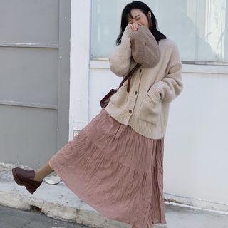 Plain Cardigan / Mock-turtleneck Long-sleeve Shirred Midi A-line Dress