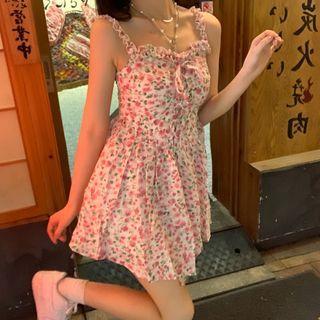 Ruffle Strap Floral Print A-line Dress / Lace Undershorts