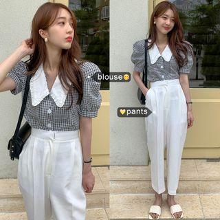 Plaid Short-sleeve Top / Crop Harem Pants