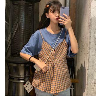 Mock Two-piece Elbow-sleeve Gingham Paneled T-shirt