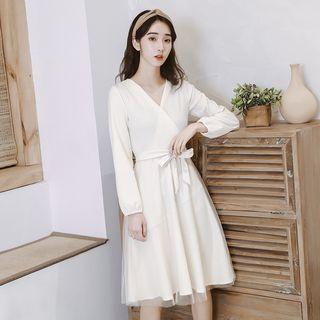 Mesh Panel Tie-waist V-neck Dress