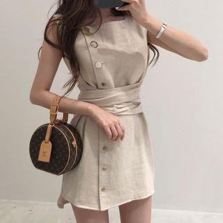 Sleeveless Buttoned Tie-waist A-line Mini Dress