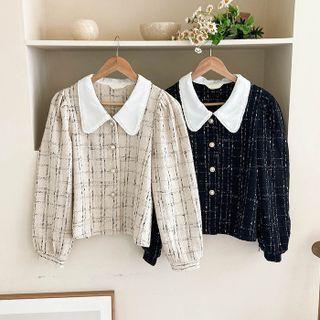 Puff-sleeve Frilled-collar Tweed Blouse