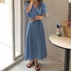 V-neck Floral Tie-waist Midi A-line Dress Blue - One Size
