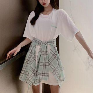 Set: Short-sleeve Lettering T-shirt Dress + Plaid Tie-front Mini A-line Skirt