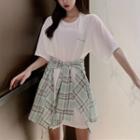 Set: Short-sleeve Lettering T-shirt Dress + Plaid Tie-front Mini A-line Skirt