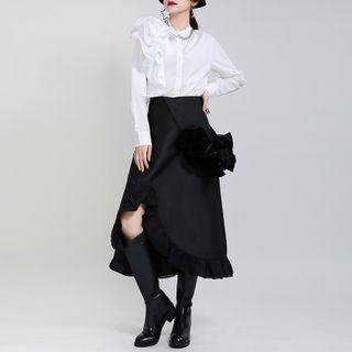 Asymmetrical Ruffle Trim Midi A-line Skirt With Suspender