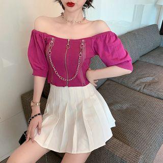 Cold Shoulder Zip Short-sleeve Top