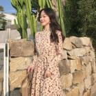 Bell-sleeve Floral Midi Chiffon Dress Floral - Almond - One Size