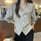 Puff-sleeve Asymmetrical Blouse Mint Beige - One Size