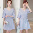 Elbow-sleevegathered-waist V-neck Striped A-line Sheath Dress