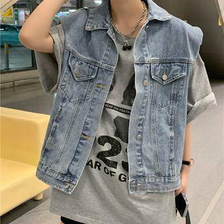 Short-sleeve Lettering T-shirt / Washed Button-up Denim Vest