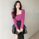 Strapless Top / Cardigan / Faux Leather Mini A-line Skirt / Set