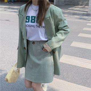 Short-sleeve Lettering T-shirt / Plaid Double-breasted Blazer / Mini Pencil Skirt
