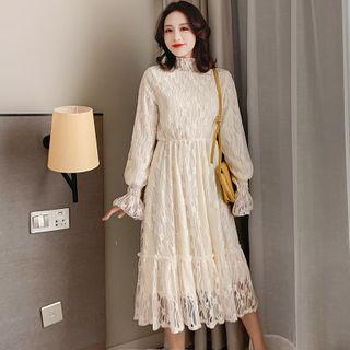 Long-sleeve Mock-neck Midi A-line Lace Dress Almond - One Size