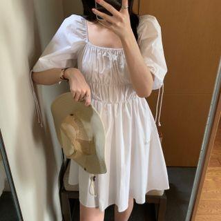 Puff-sleeve Square Neck Plain Shirred Dress