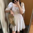 Puff-sleeve Square Neck Plain Shirred Dress