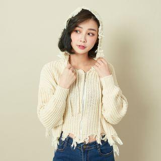 Frayed Cropped Hooded Zip Jacket Almond - One Size