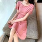 Short-sleeve Shirred Asymmetric Hem Mini A-line Dress