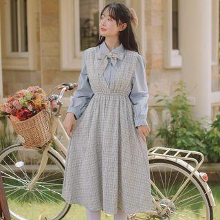 Set: Plain Shirt + Plaid Midi A-line Overall Dress