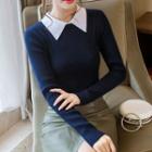 Long-sleeve Contrast Collar Knit Top