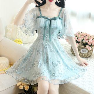 Short-sleeve Ruffled Mesh Floral A-line Mini Dress