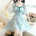 Short-sleeve Ruffled Mesh Floral A-line Mini Dress