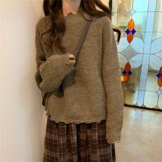 Ripped Trim Sweater / Plaid Midi A-line Skirt
