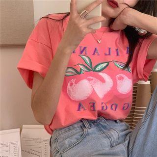 Short-sleeve Fruit Print T-shirt Fruit Print - Pink - One Size