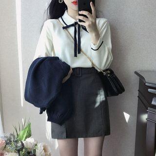 Long-sleeve Bow-accent Collared Knit Top