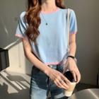 Short-sleeve Contrast Trim Knit Top Blue - One Size