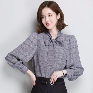 Check Tie-neck Long-sleeve Shirt
