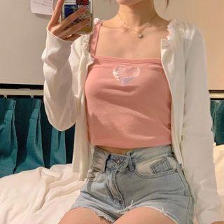Heart Detail Cropped Camisole Top / Plain Cardigan